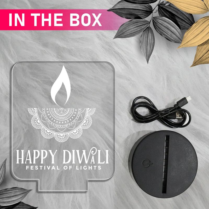 Happy Diwali Festival of Light Engraved Desk Table Light with Warm White Light & USB Powered